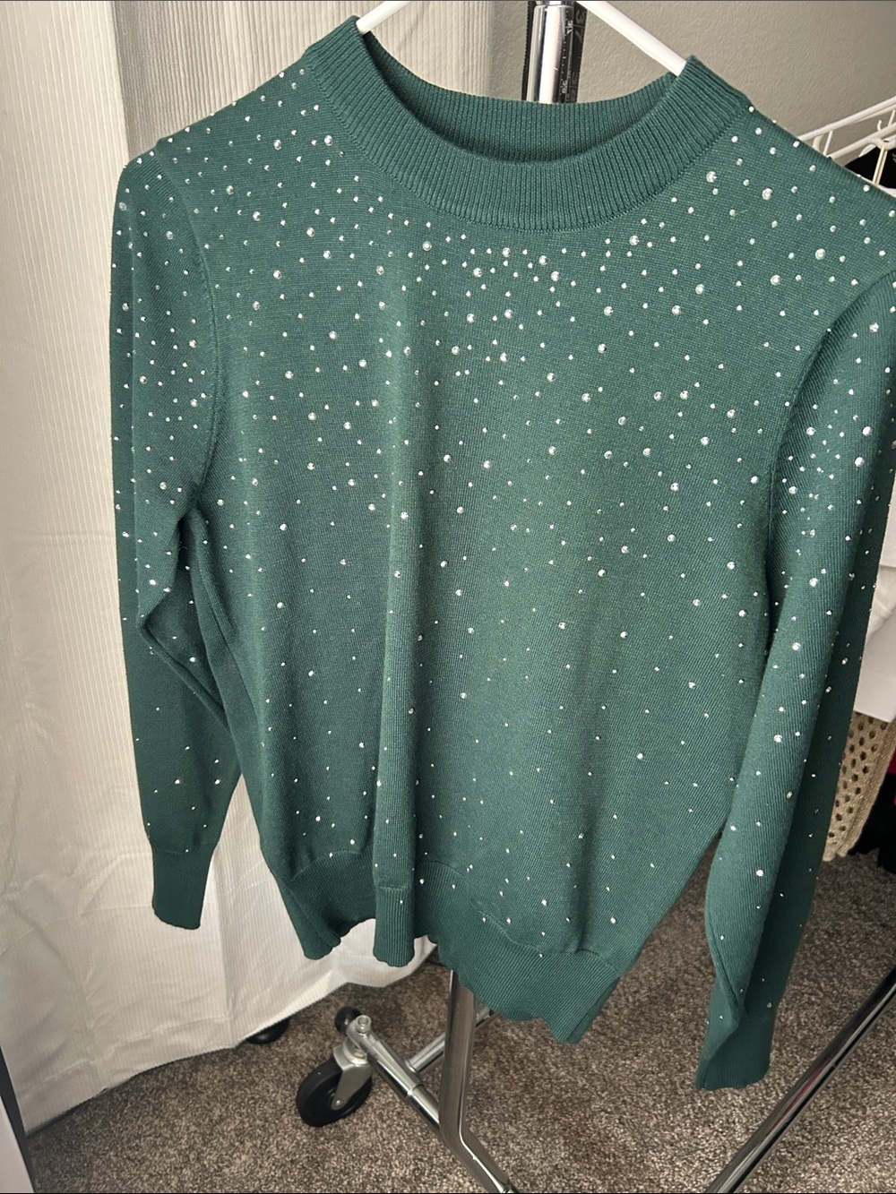 Oonagh by Nanette Lepore Teal Green Crewneck Sweater with Crystal Dots